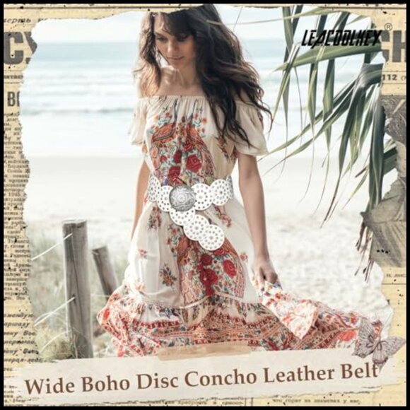 Western Boho Faux Leather Belt Concho Disc Waist Accessory Adjustable main image 7